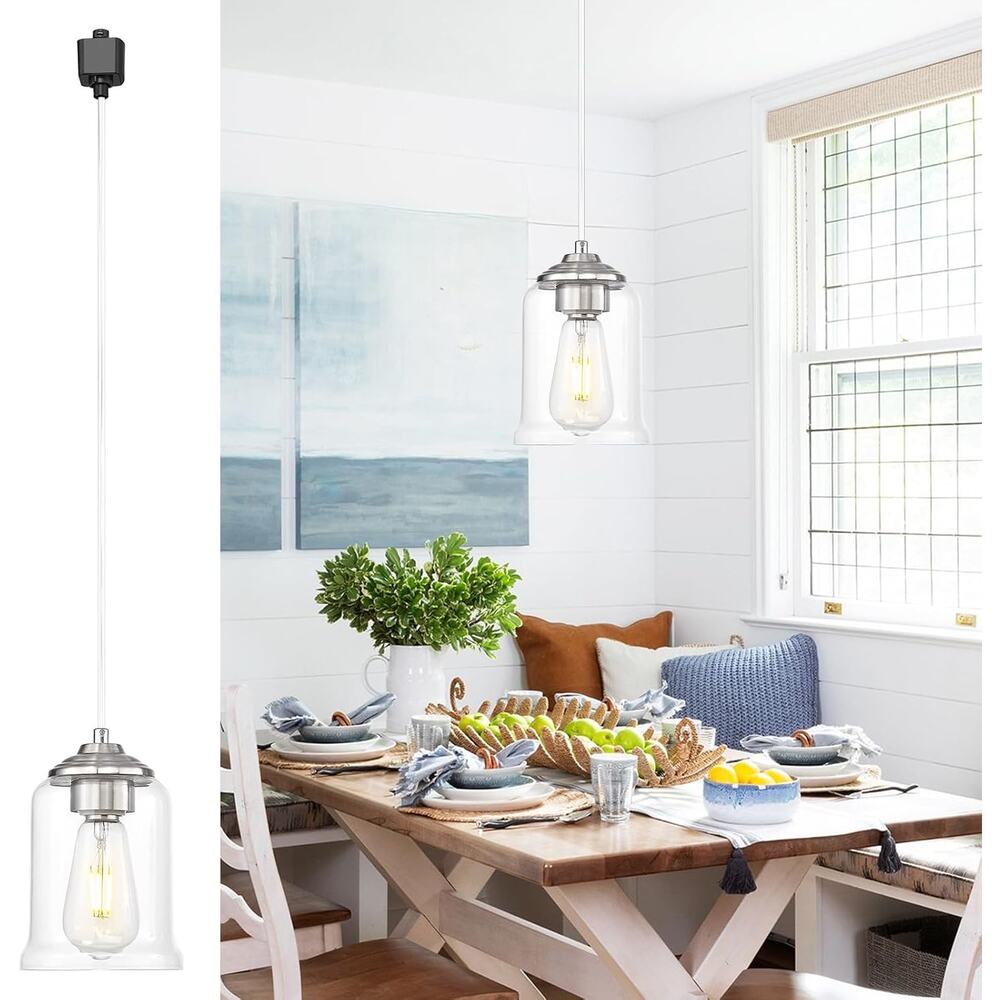 H-Type Track Pendant Light, Clear Glass Shade, Fixture Hanging, Brushed Nickle